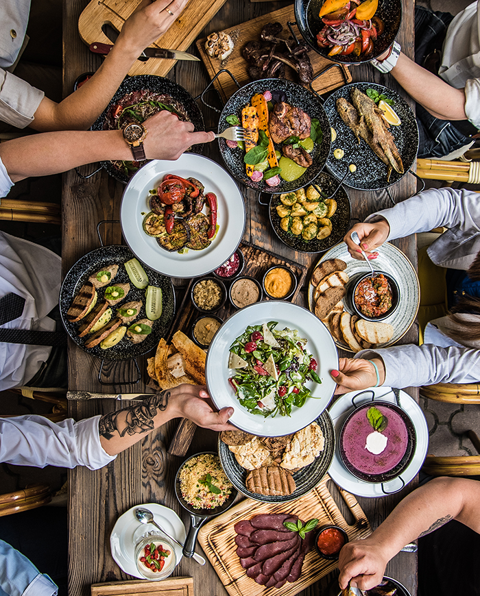 Plan view of table laden with food