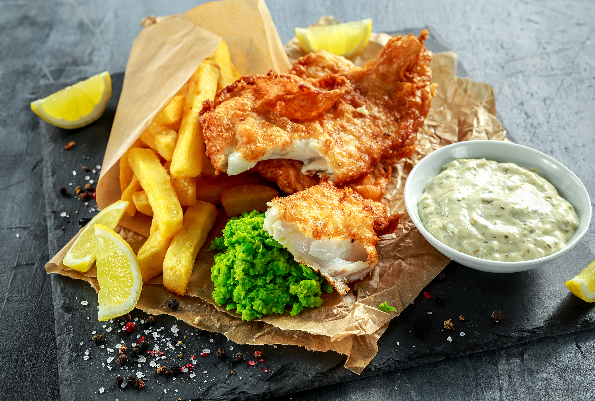 Fish and chips on slate platter