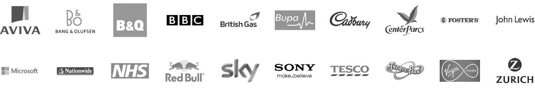 Partner logos - Aviva, Band & Olufsen, B&Q, BBC, British Gas, Bupa, Cadbury, Centerparcs, Fosters, John Lewis, Microsoft, Nationwide, NHS, Red Bull, Sky, Sony, Tesco, Thorpe Park, Virgin Media, Zurich